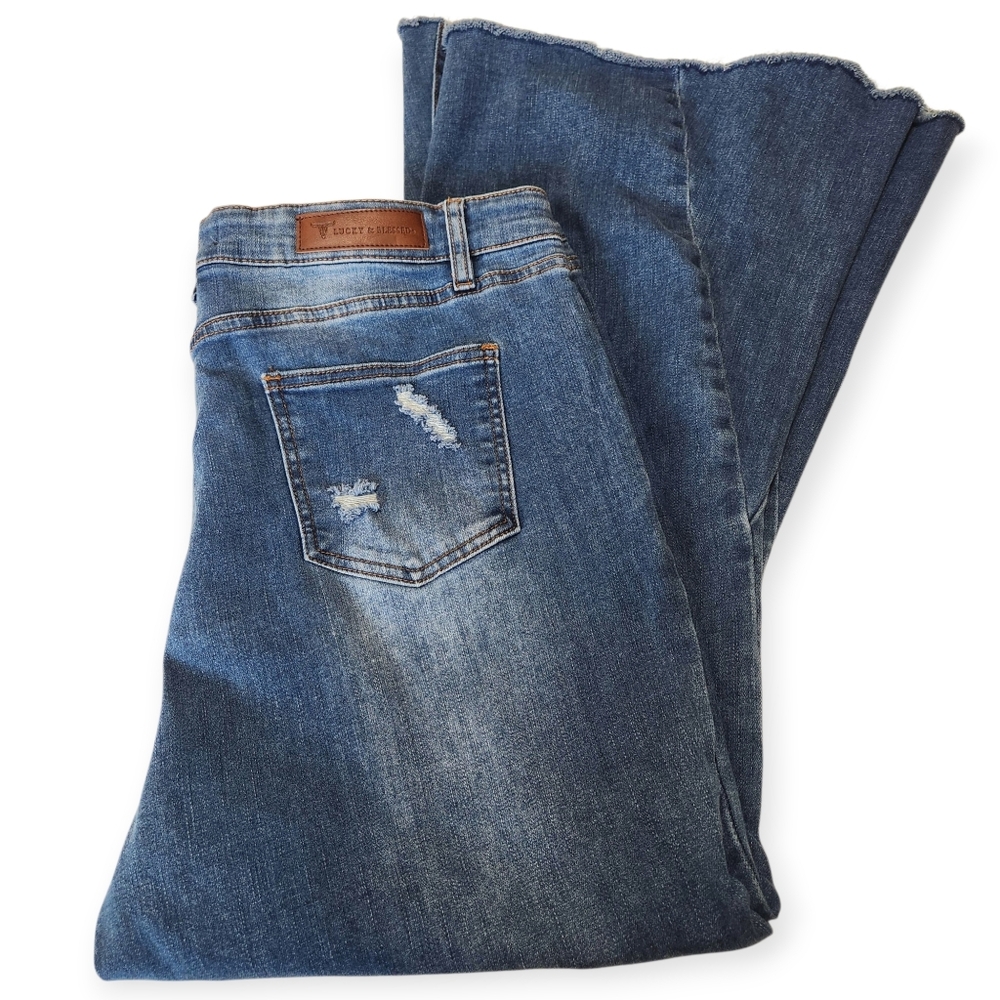 Lucky & Blessed Super Flare Distressed Mid-rise Jeans Size 16